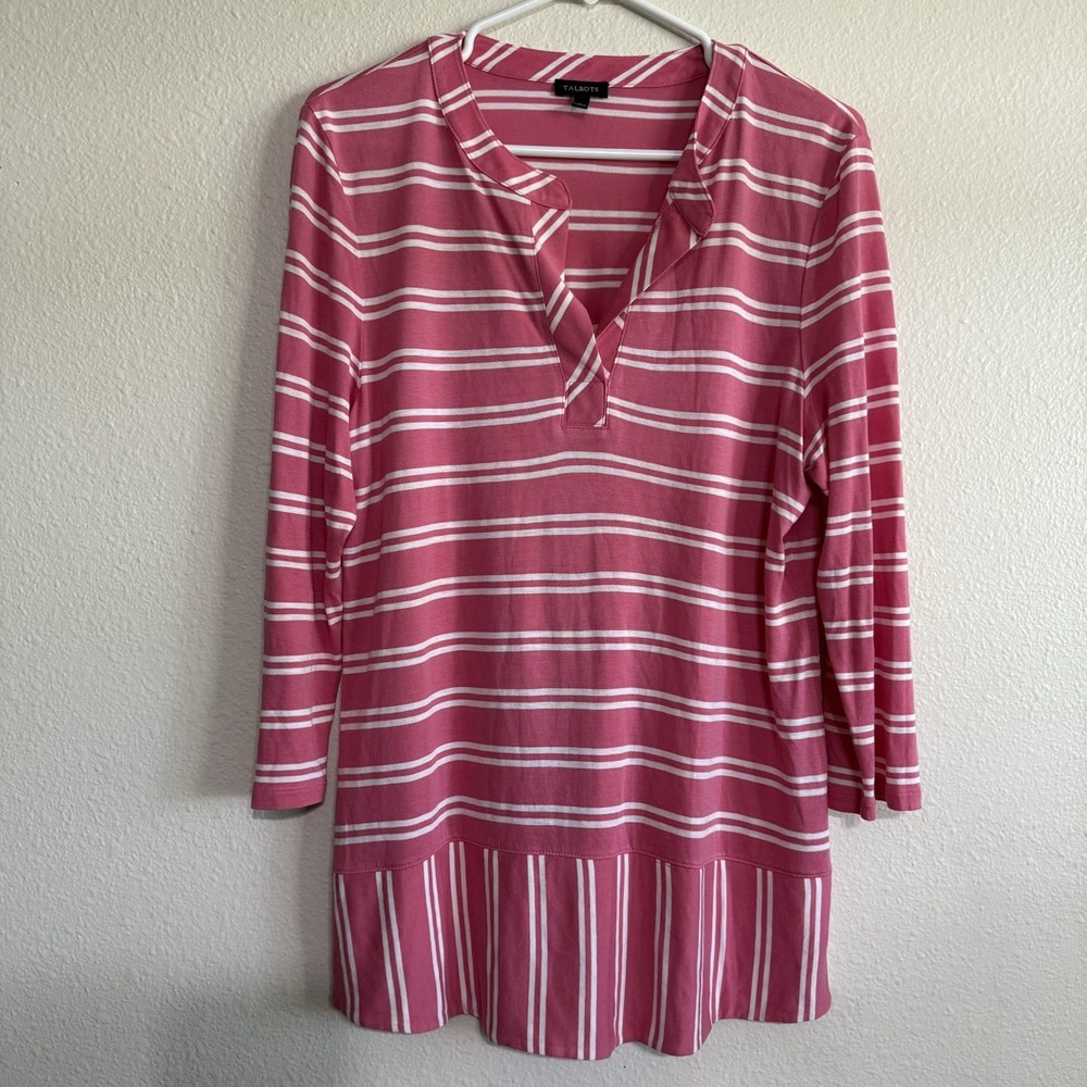 Talbots L Tunic Knit Top Pink White‎ Stripes Split V-Neck 3/4 Sleeve Summer